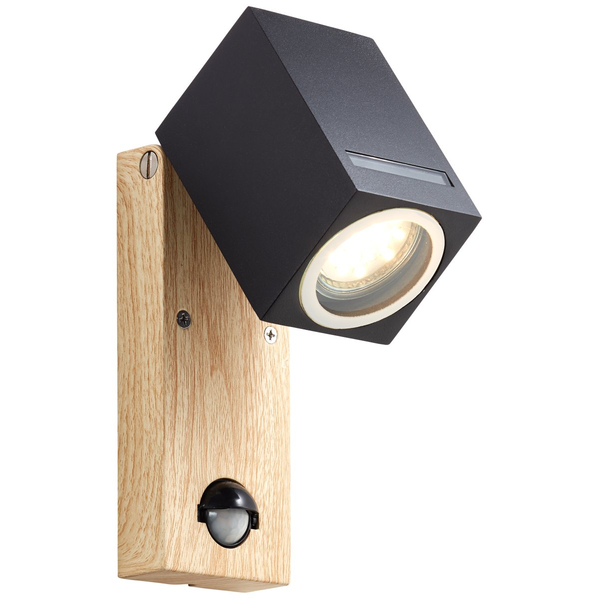 Galeni Natur außenlampe Von Brilliant - Es verfügt über einen verstellbaren Strahler und einen eingebauten Bewegungssensor, der in Empfindlichkeit, Licht und Zeit eingestellt werden kann, was es sowohl funktional als auch praktisch macht.
