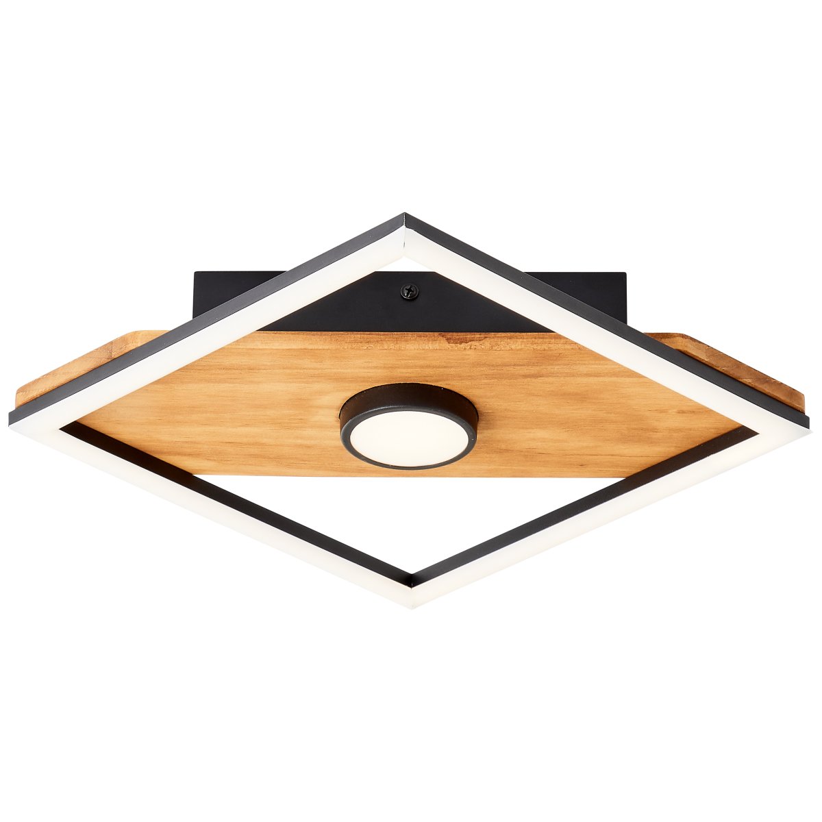 Woodbridge 25cm Holz deckenleuchte Von Brilliant - Die Lampe kombiniert mattschwarzes Metall mit Holzdetails und schafft so eine wohnliche und nat&uuml;rliche Atmosph&auml;re.