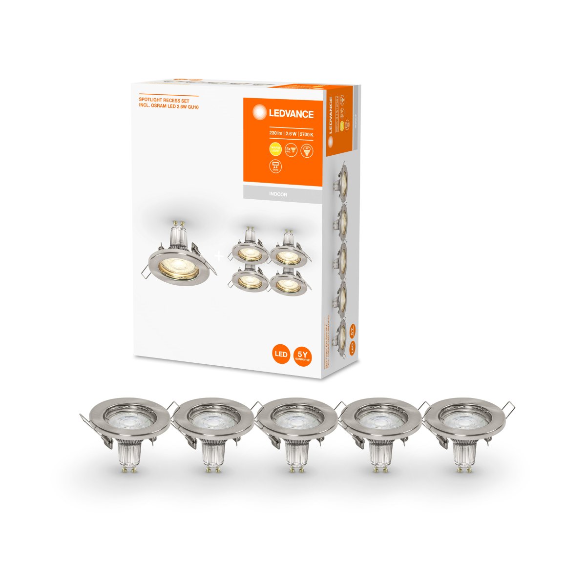 Recess Set inkl GU10 5x2W Gebürstetes Nickel Von Ledvance - Kann nicht direkt an der Isolierung montiert werden, erfordert eine Einbautiefe von mindestens 14cm.