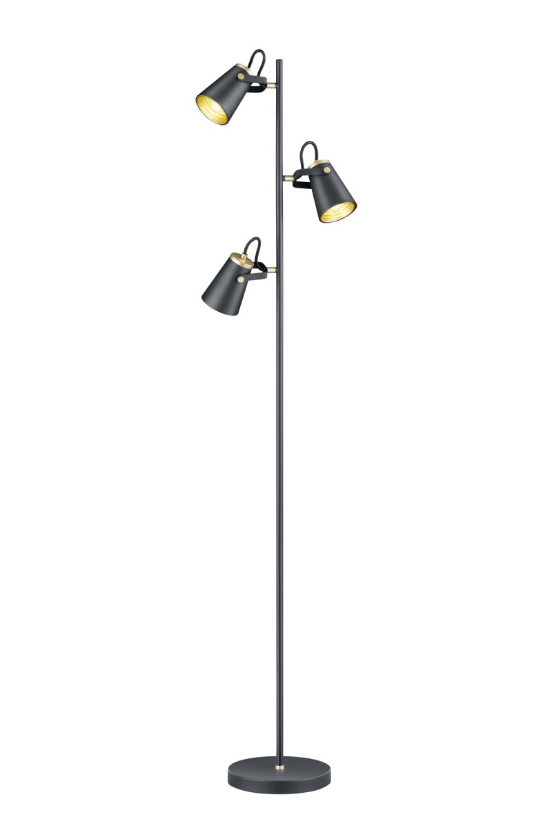Edward Schwarz stehlampe Von Trio Lighting - Die Stehleuchte EDWARD mit ihren drei verstellbaren Leuchtenköpfen und dem modernen Design in Mattschwarz und Gold eignet sich perfekt, um in jedem Raum stimmungsvolle Lichtakzente zu setzen.