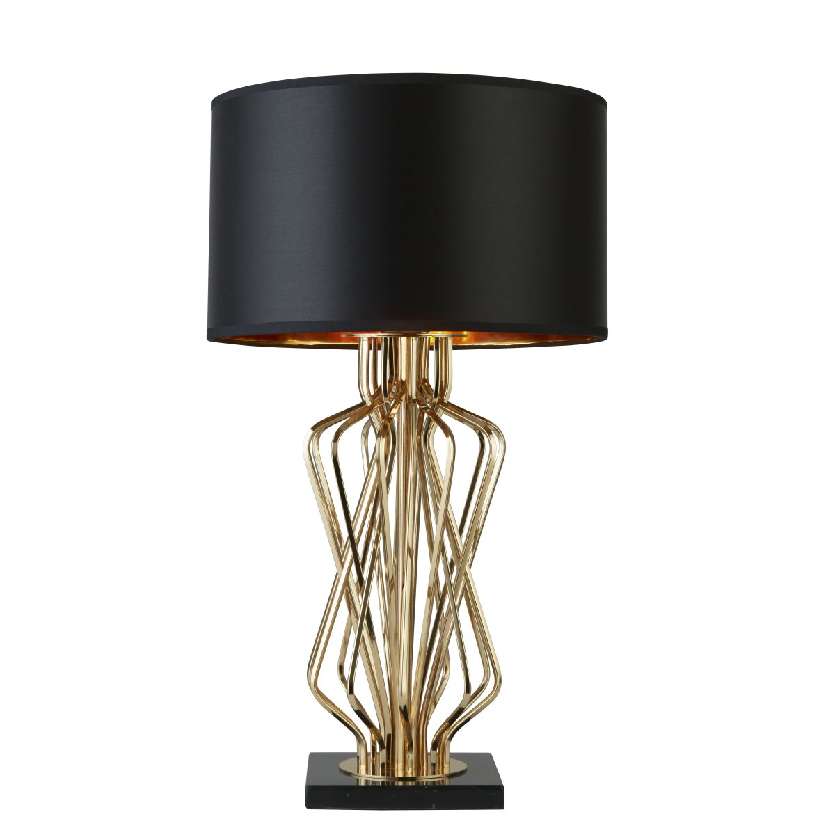 Ethan 72cm Gold tischlampe Von Searchlight - Das skulpturale Design verleiht der Lampe einen künstlerischen Ausdruck, während der schwarze Lampenschirm mit goldener Innenseite ein warmes und sanftes Licht verbreitet.