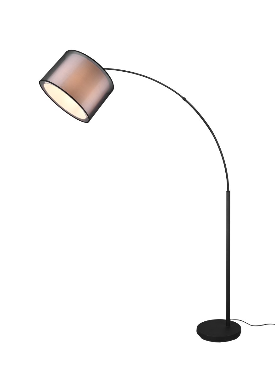 Burton Schwarz stehlampe Von Trio Lighting - Die moderne Kombination aus einem inneren weißen Stoffschirm und einem äußeren transparenten schwarzen Kunststoffschirm wirkt individuell und erfrischend zugleich und lässt sich in moderne Wohnwelten integrieren.