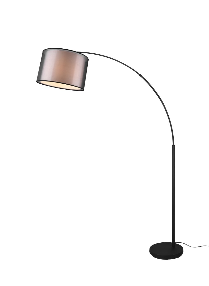 Burton Schwarz stehlampe Von Trio Lighting - Die moderne Kombination aus einem inneren weißen Stoffschirm und einem äußeren transparenten schwarzen Kunststoffschirm wirkt individuell und erfrischend zugleich und lässt sich in moderne Wohnwelten integrieren.