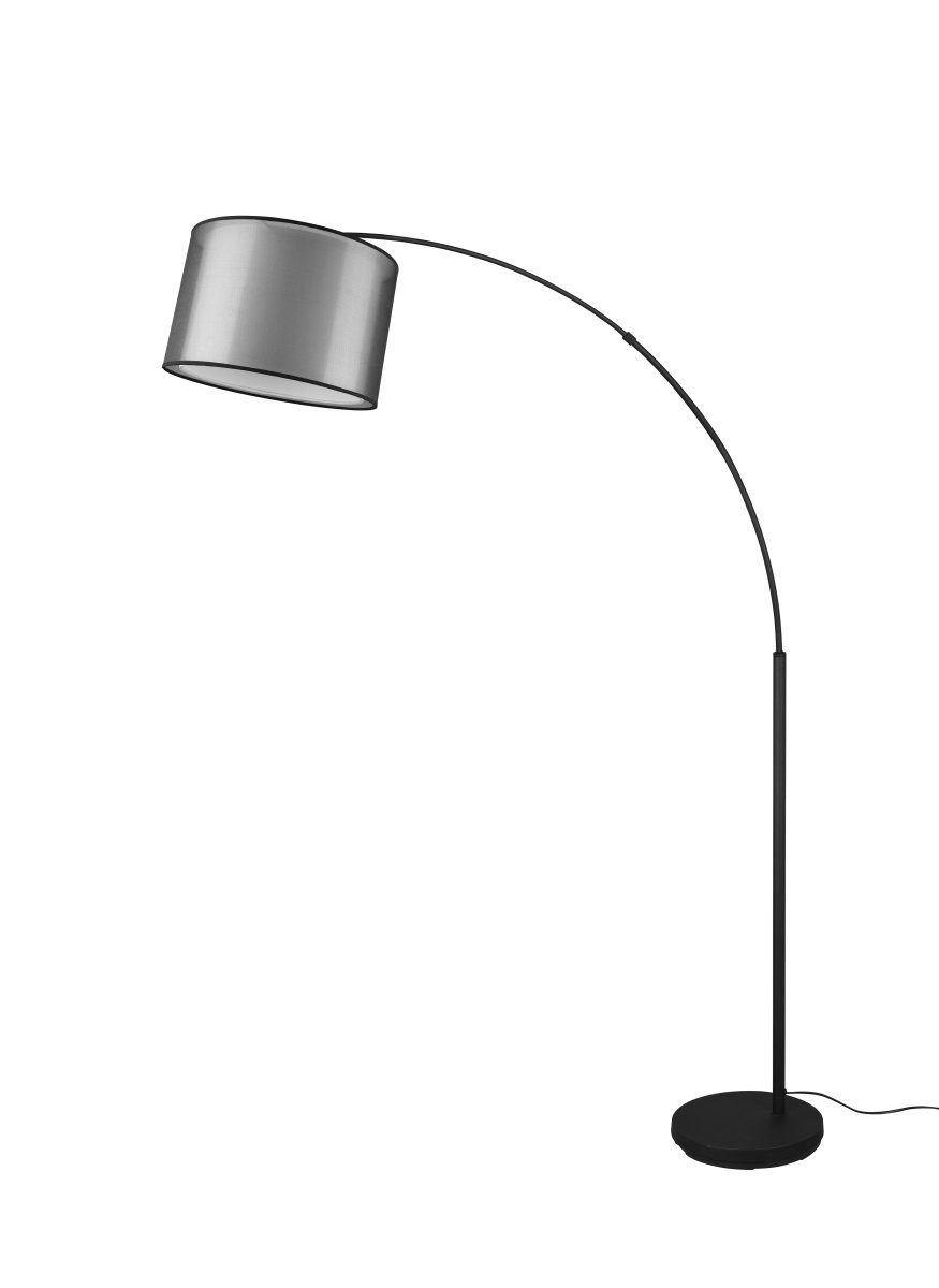 Burton Schwarz stehlampe Von Trio Lighting - Die moderne Kombination aus einem inneren weißen Stoffschirm und einem äußeren transparenten schwarzen Kunststoffschirm wirkt individuell und erfrischend zugleich und lässt sich in moderne Wohnwelten integrieren.