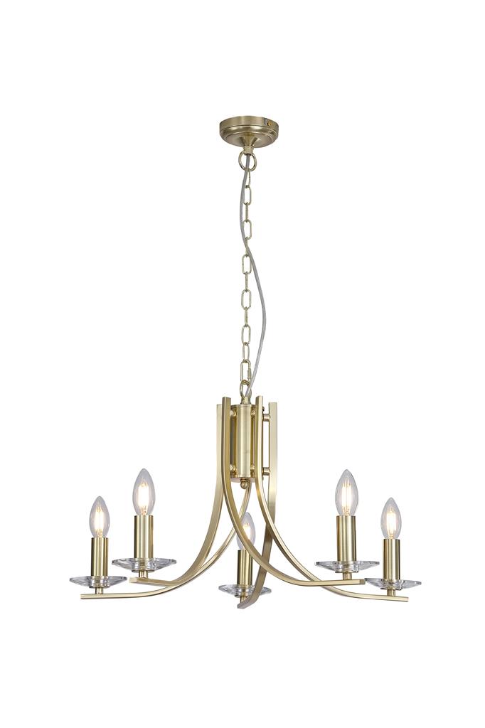 Ascona Ø62 Messing hängelampe Von Searchlight - Ascona ist ein Metall-Kronleuchter mit satiniertem Messingfinish und sanft geschwungenen Armen, der ihm eine elegante und zeitlose Ausstrahlung verleiht.