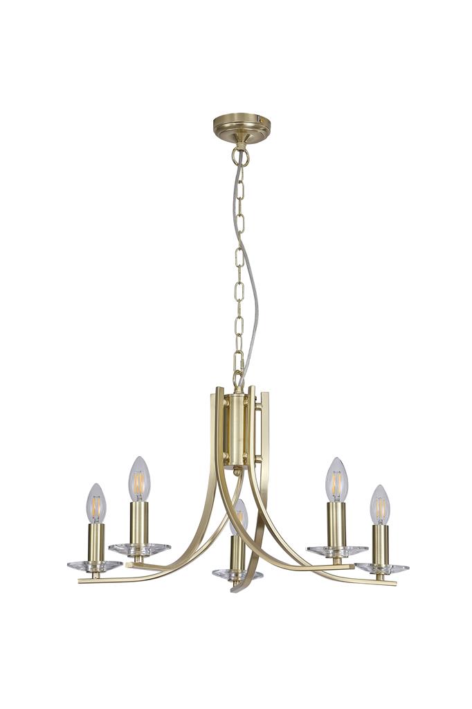 Ascona Ø62 Messing hängelampe Von Searchlight - Ascona ist ein Metall-Kronleuchter mit satiniertem Messingfinish und sanft geschwungenen Armen, der ihm eine elegante und zeitlose Ausstrahlung verleiht.