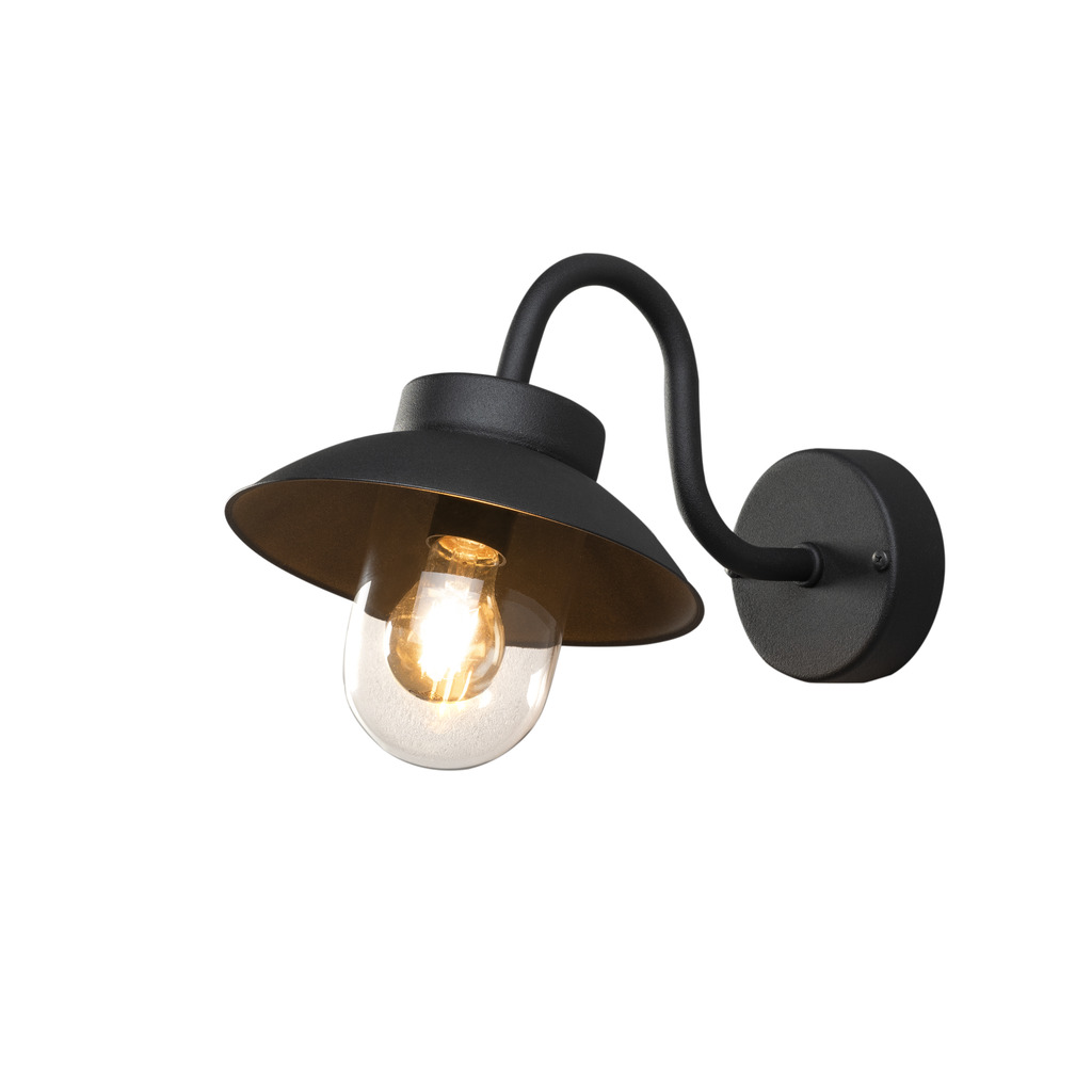 Vega Schwarz außenlampe Von Konstsmide - Der breite Schirm und die klare Glaskuppel verbreiten ein angenehmes und gerichtetes Licht, wodurch die Lampe perfekt für Eingänge und Terrassen geeignet ist.