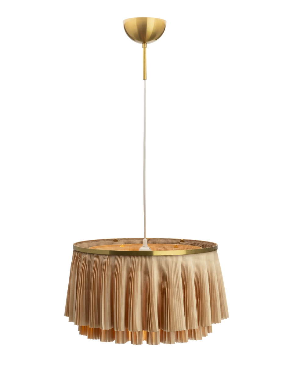 Ophelia Ø40 Beige hängelampe Von By Rydéns - Der plissierte Schirm aus beigefarbenem Stoff ist doppellagig gefertigt und verleiht der Leuchte eine dekorative und exklusive Optik.
