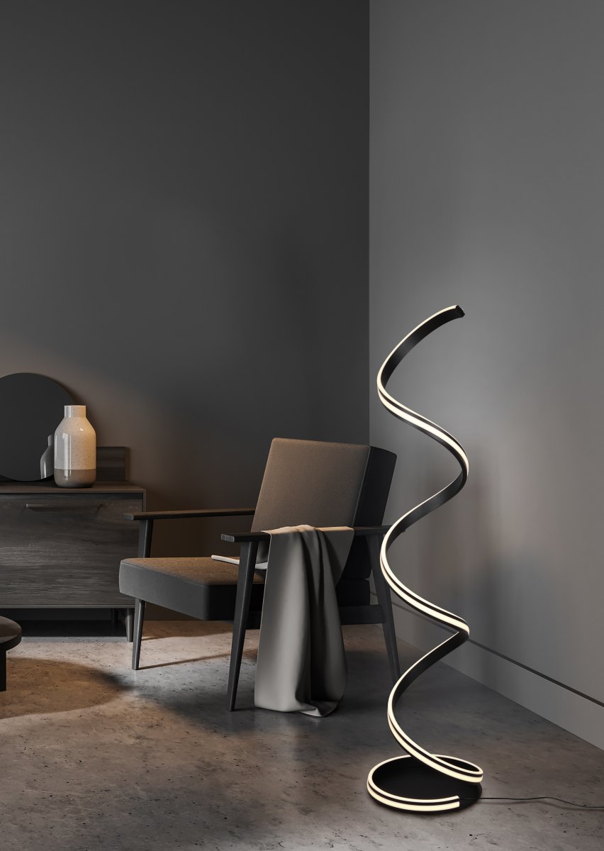 Nuria Schwarz stehlampe Von Trio Lighting - Mit drei einstellbaren Lichtfarben (warm, neutral, tageslichtweiß) und stufenlosem Dimmen per Fußpedal bietet es Flexibilität und Komfort zugleich.