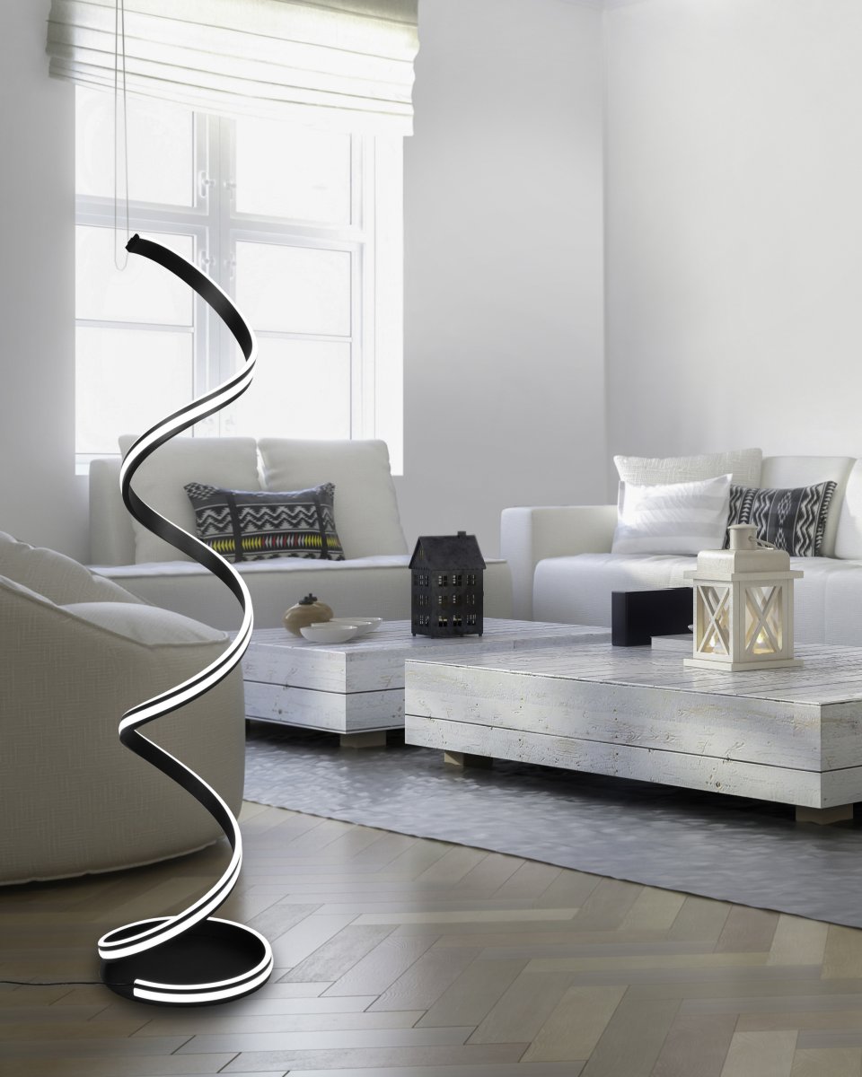Nuria Schwarz stehlampe Von Trio Lighting - Mit drei einstellbaren Lichtfarben (warm, neutral, tageslichtweiß) und stufenlosem Dimmen per Fußpedal bietet es Flexibilität und Komfort zugleich.