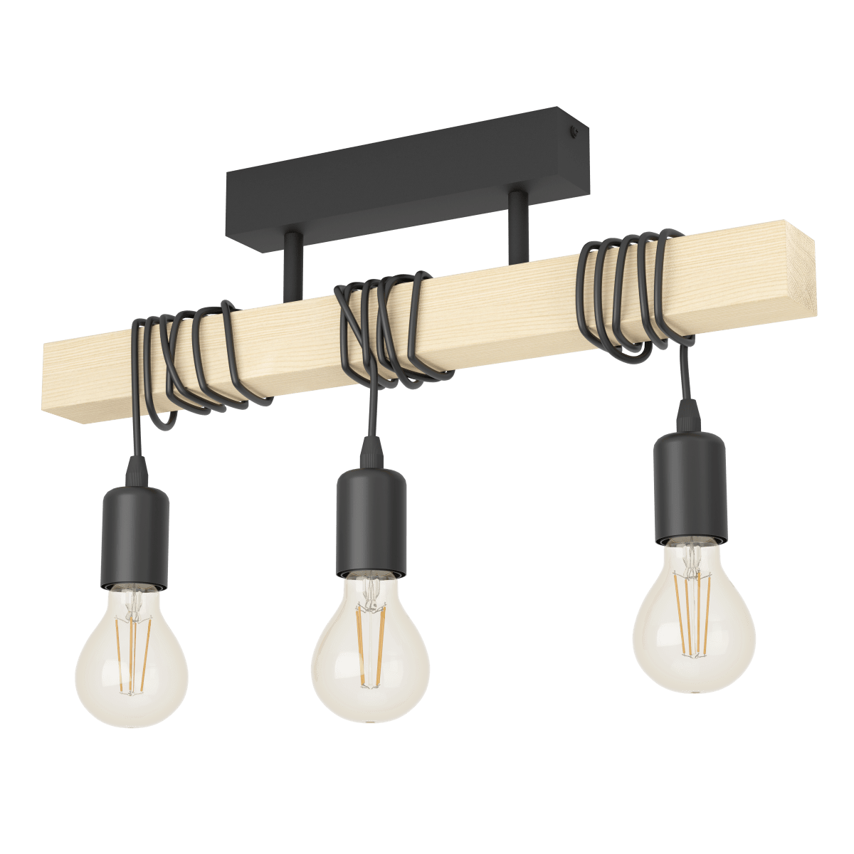 Townshend 55cm Holz deckenleuchte Von Eglo - Die drei Kabel mit E27-Fassungen sind um den Holzbalken gewickelt, sodass Sie die H&ouml;he individuell anpassen und durch Drehen der Kabel Ihren pers&ouml;nlichen Stil zum Ausdruck bringen k&ouml;nnen.