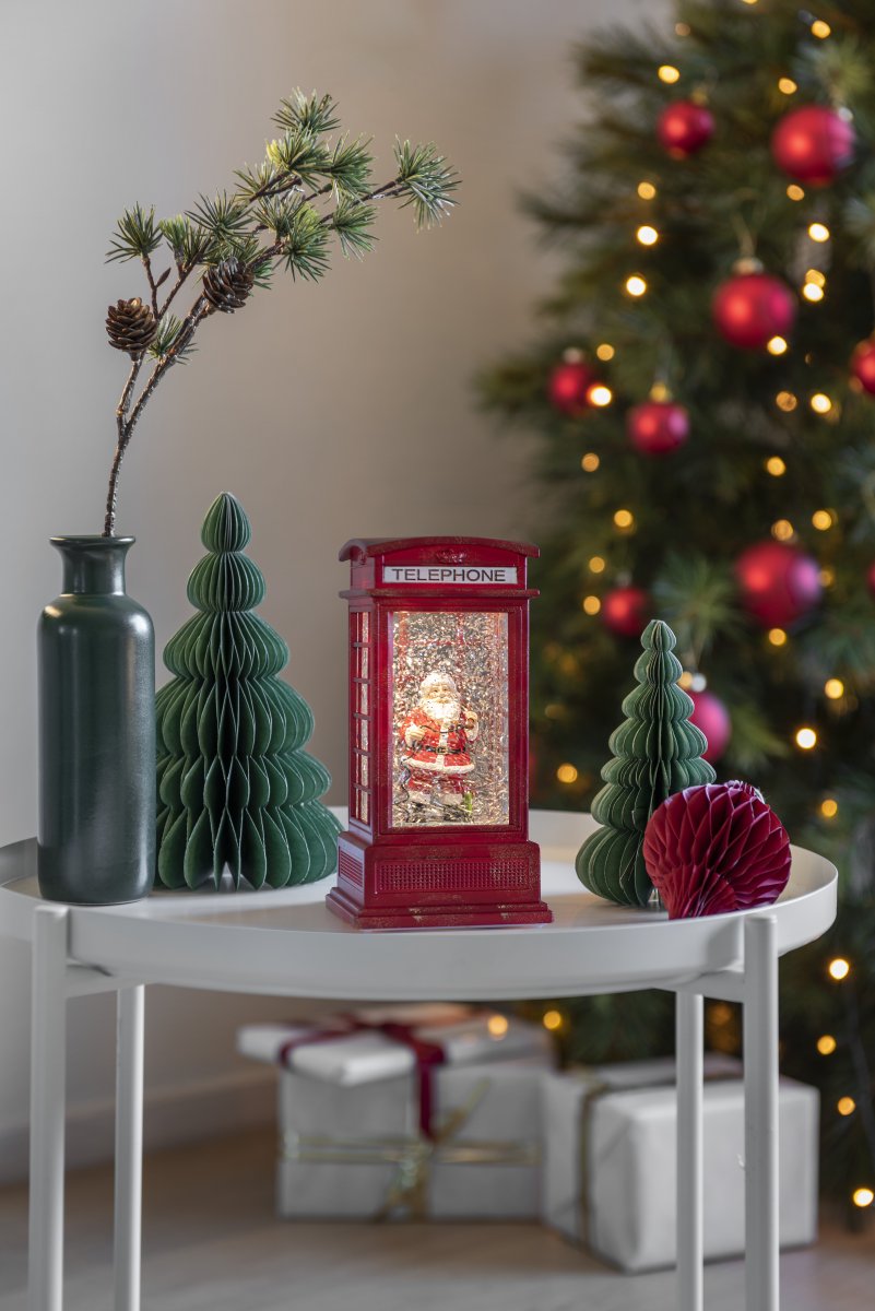 Wassergefüllte Laterne Telefonzelle ROT Von Konstsmide - Die mit Wasser gef&uuml;llte Laterne in Form einer Telefonzelle ist eine stimmungsvolle Weihnachtsdekoration mit einem charmanten Weihnachtsmann in einer klassischen roten Telefonzelle.