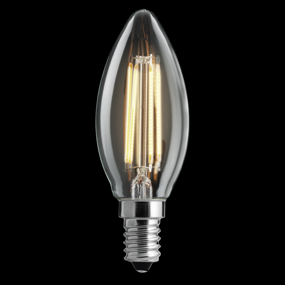 LED E14 Kerzenlampe 4W 2700K Dimmbar Transparent Von Unison - Diese klare LED-Lampe in Kronenform verf&uuml;gt &uuml;ber eine E14-Fassung und eine Leistung von 100 W.