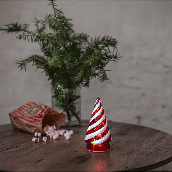 Candy Tree ROT Von Star Trading - Stilvolle, batteriebetriebene Tischdekoration in Form eines Tannenbaums aus rotem und wei&szlig;em Glas.
