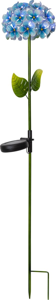 Hortensia Blau solarleuchte Von Star Trading - Kleine Lichtpunkte in Form von Tautropfen tauchen die Blüte in ein kühles, weißes Licht und erzeugen abends eine stimmungsvolle Atmosphäre.