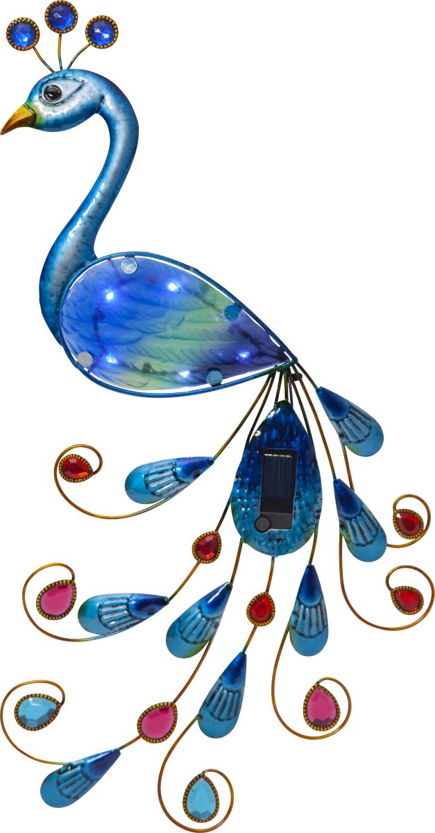 Peacock Mehrzweck solarleuchte Von Star Trading - Die Solarzellen-Wandleuchte „Pfau“ ist eine farbenfrohe und dekorative Leuchte in Form eines eleganten Pfaus.