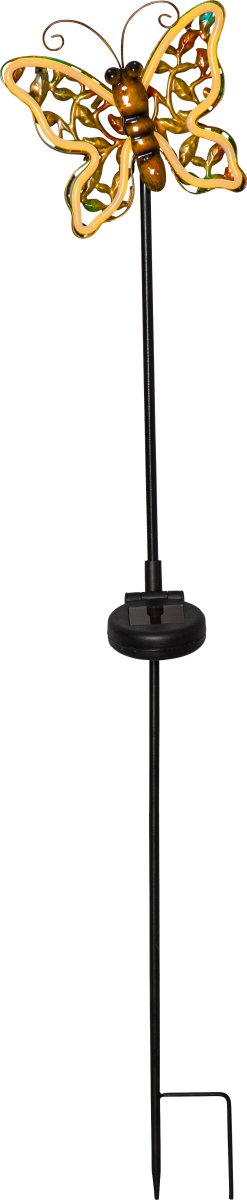 Butterfly Bronze solarleuchte Von Star Trading - Der Solarstab Linny Butterfly ist eine Gartendekoration in Schmetterlingsform aus bronzefarbenem Metall mit ausgeschnittenem Muster.