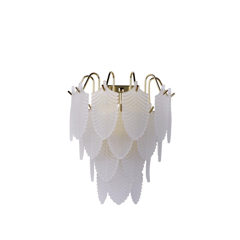Feather 25cm Weiß/Messing wandlampe Von Searchlight - Die dekorativen Glaselemente fangen das Licht ein und streuen es sanft, wodurch ein warmes und angenehmes Leuchten sowie ein lebendiges Lichtbild an der Wand entstehen.