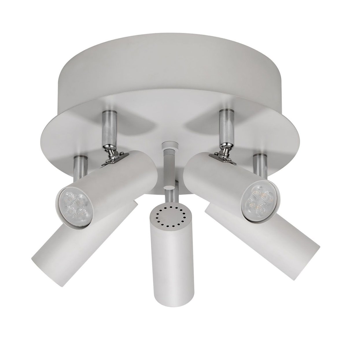 Mini 5 Weiß spotlight Von Oriva - Mini-Deckenleuchte aus weißem Metall mit Chromdetails verfügt über fünf bewegliche Strahler, die für eine flexible und effektive Beleuchtung sorgen.