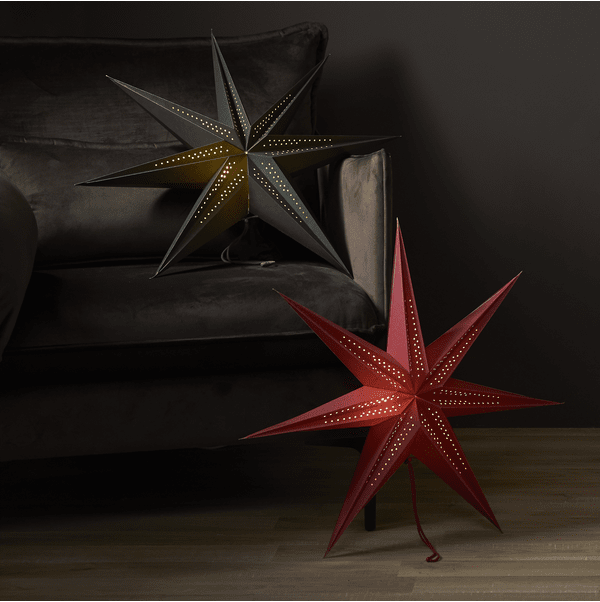 Point Ø60 ROT Von Star Trading - Dunkelroter Papierstern mit dekorativem Perlenmuster und Faltung.