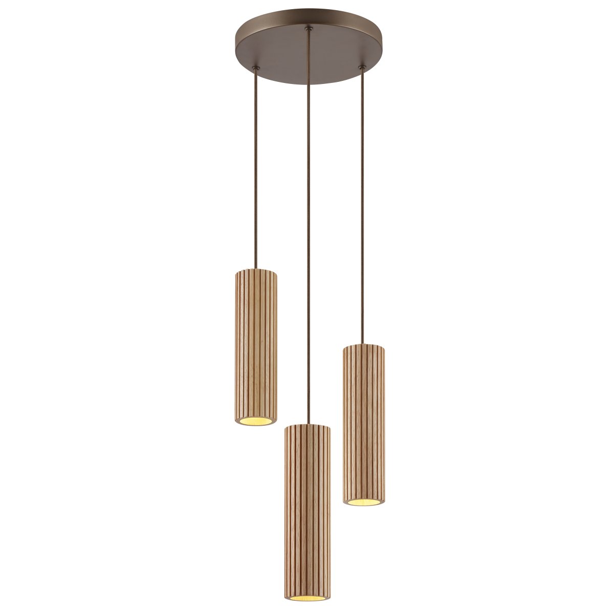 Lakewood Ø28 Holz hängelampe Von Brilliant - Die Pendelleuchte Lakewood kombiniert braunes Metall mit drei zylindrischen Schirmen aus hellem, geripptem Holz und verleiht jedem Raum eine warme und natürliche Ausstrahlung.