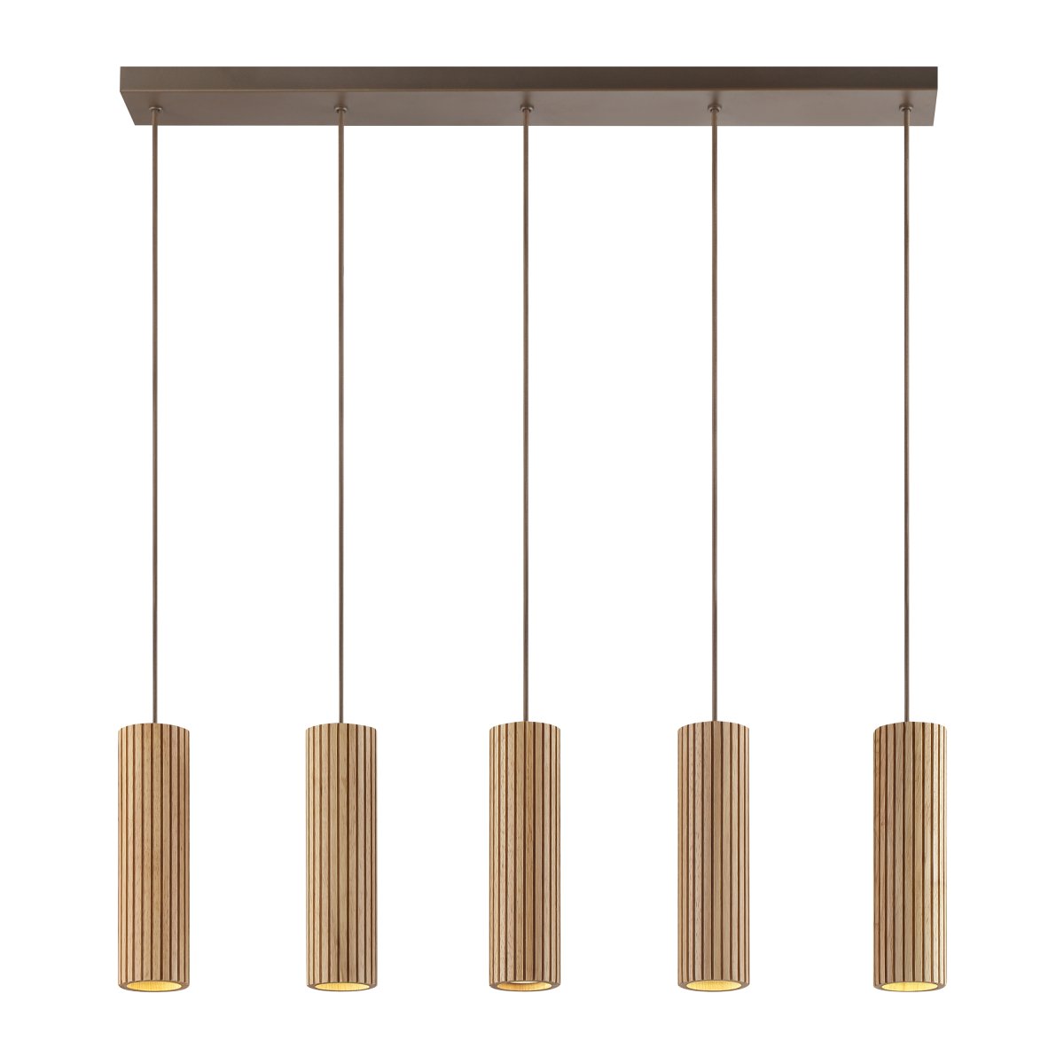 Lakewood 95cm Holz hängelampe Von Brilliant - Die fünf Schirme sind in einer Reihe angeordnet, und die Höhe lässt sich bei der Montage an den Raum und den gewünschten Standort anpassen.