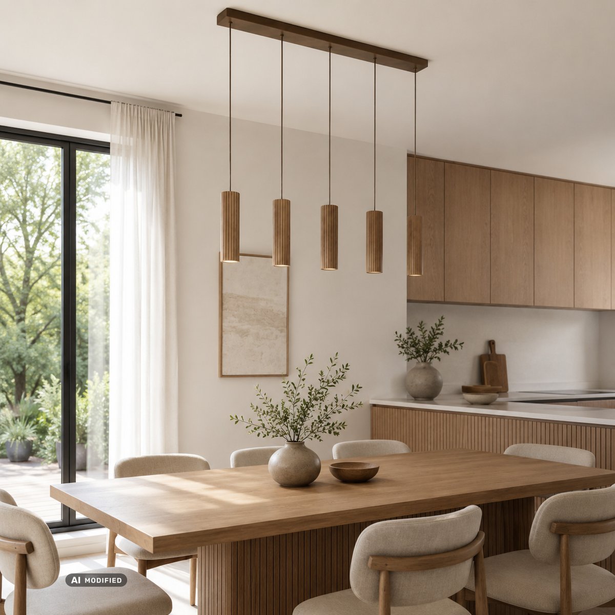 Lakewood 95cm Holz hängelampe Von Brilliant - Die fünf Schirme sind in einer Reihe angeordnet, und die Höhe lässt sich bei der Montage an den Raum und den gewünschten Standort anpassen.