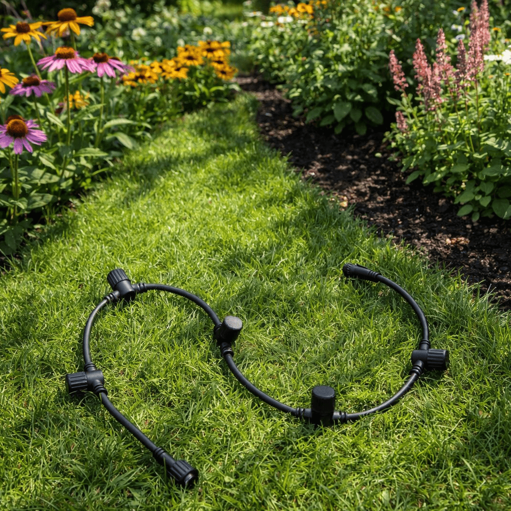 Grenkabel 1m Schwarz Von Lightson - Ein Meter langes Gummiverl&auml;ngerungskabel mit f&uuml;nf Steckdosen entlang des Kabels und einer weiteren am Kabelende.