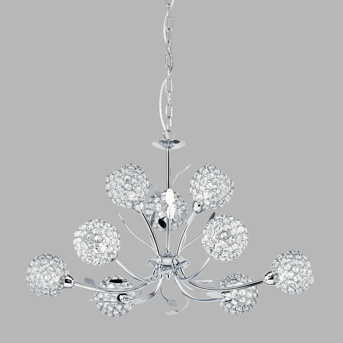 Bellis Ø68 Chrom hängelampe Von Searchlight - Die formsch&ouml;ne Leuchte verf&uuml;gt &uuml;ber Blattdekor und neun blumenf&ouml;rmige Kugeln aus Chrom und Klarglas, die das Licht streuen.