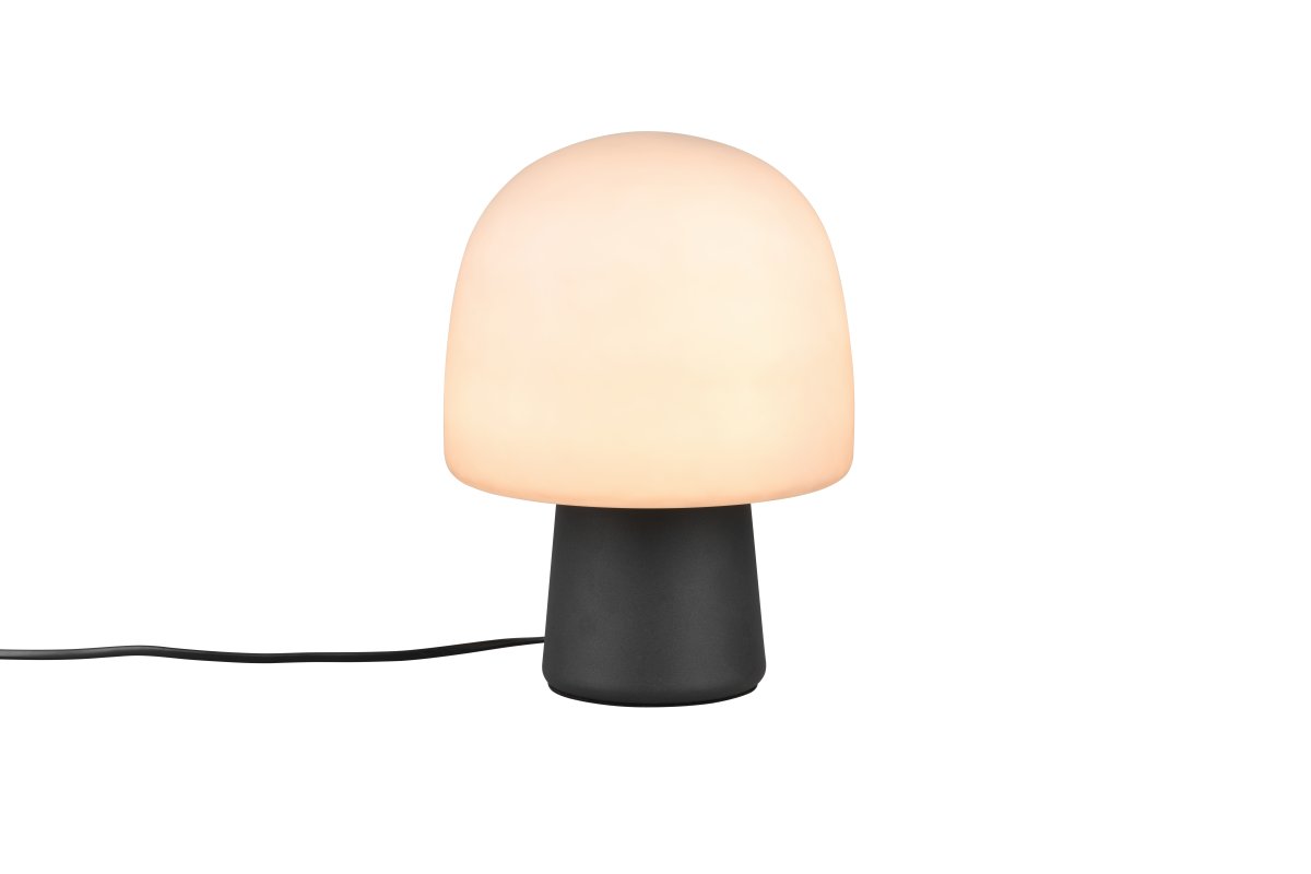 Steen 27cm Schwarz tischlampe Von Trio Lighting - Mit ihrer pilzförmigen Silhouette und der Kombination aus mattschwarzem Fuß und taupefarbenem Glasschirm wird sie zum stilvollen Blickfang in jedem Raum.
