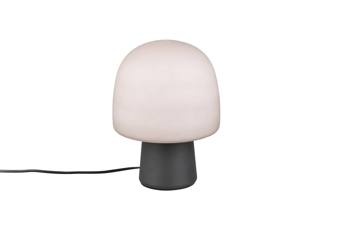 Steen 27cm Schwarz tischlampe Von Trio Lighting - Mit ihrer pilzförmigen Silhouette und der Kombination aus mattschwarzem Fuß und taupefarbenem Glasschirm wird sie zum stilvollen Blickfang in jedem Raum.