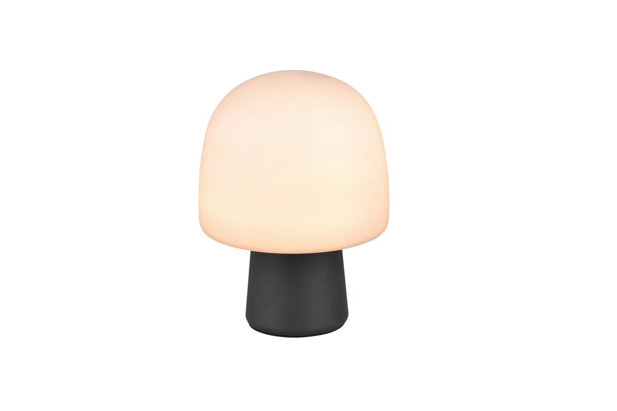 Steen 27cm Schwarz tischlampe Von Trio Lighting - Mit ihrer pilzförmigen Silhouette und der Kombination aus mattschwarzem Fuß und taupefarbenem Glasschirm wird sie zum stilvollen Blickfang in jedem Raum.