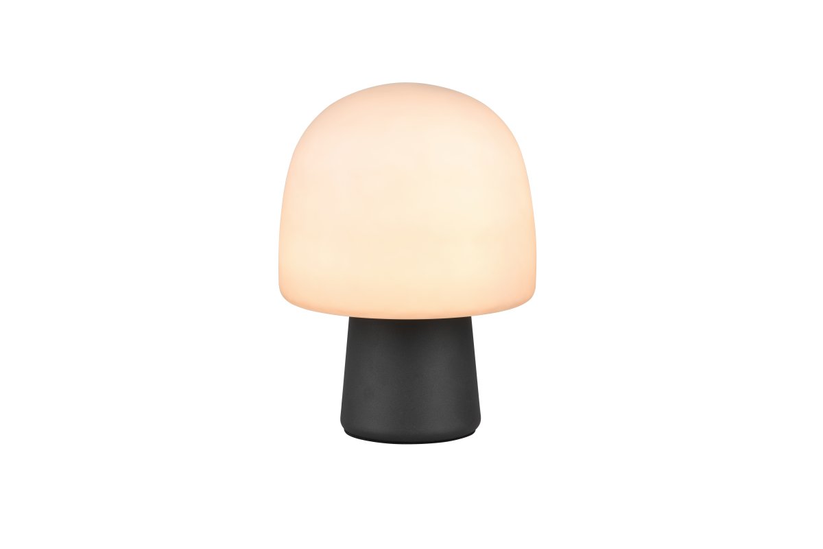 Steen 27cm Schwarz tischlampe Von Trio Lighting - Mit ihrer pilzförmigen Silhouette und der Kombination aus mattschwarzem Fuß und taupefarbenem Glasschirm wird sie zum stilvollen Blickfang in jedem Raum.