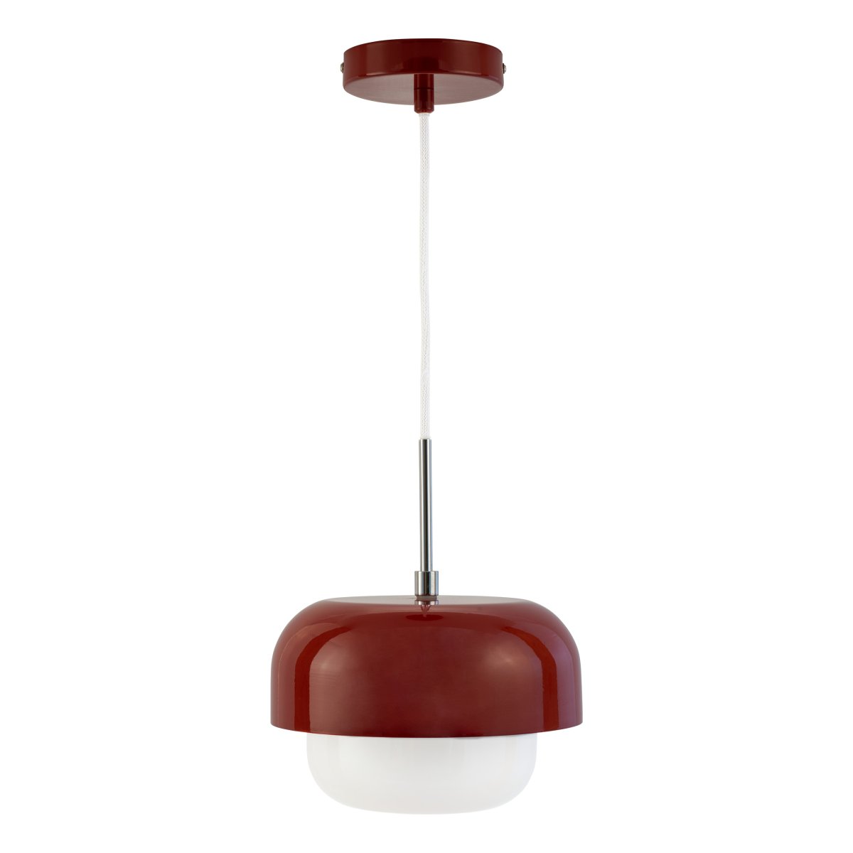 Haipot Ø23 Dunkelrot hängelampe Von Dyberg Larsen - Die Haipot-Lampe hat einen eleganten Lampenschirm aus Opalglas und einen gedeckt roten Metallschirm.