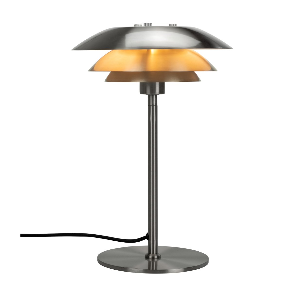 DL20 30cm Gebürsteter Stahl tischlampe Von Dyberg Larsen - Sowohl der Lampenfuß als auch der Lampenschirm sind aus Stahl gefertigt, wodurch ein moderner und eleganter Look entsteht.