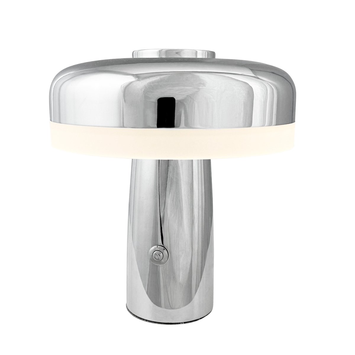 Porter 16cm Chrom tragbare Von Dyberg Larsen - Die wiederaufladbare LED-Tischleuchte Porter ist eine moderne und funktionale Leuchte mit einzigartigem Design, bei dem das Licht vom Rand kommt und so für ein angenehmes und gleichmäßiges Licht sorgt.