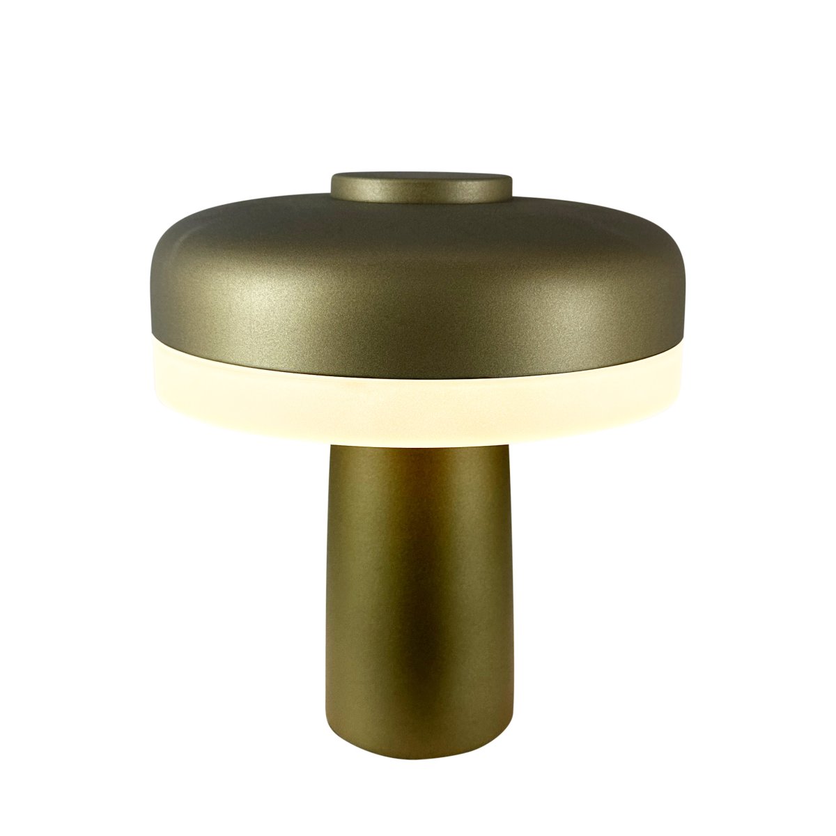 Porter 16cm Metallic-Grün tragbare Von Dyberg Larsen - Die wiederaufladbare LED-Tischleuchte Porter ist eine moderne und funktionale Leuchte mit einzigartigem Design, bei dem das Licht vom Rand kommt und so für ein angenehmes und gleichmäßiges Licht sorgt.
