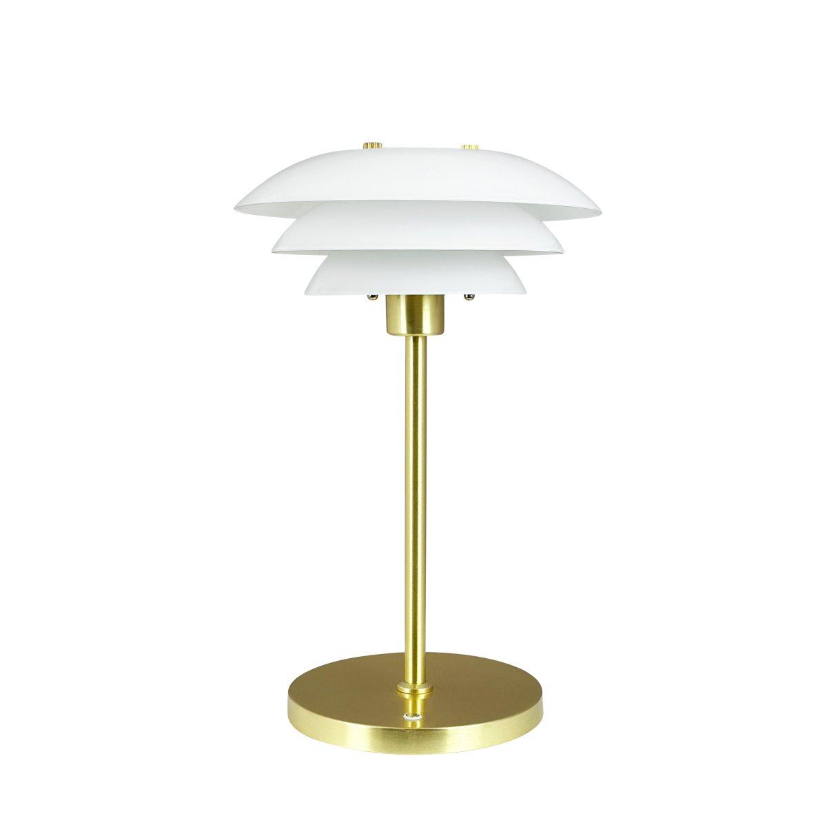 DL20 LED 30cm Messing tragbare Von Dyberg Larsen - Den uppladdningsbara lampan har en h&ouml;jd p&aring; 30 cm och en lampsk&auml;rmsdiameter p&aring; 20 cm, vilket g&ouml;r den perfekt f&ouml;r s&auml;ngbordet, skrivbordet eller en mysig h&ouml;rna.