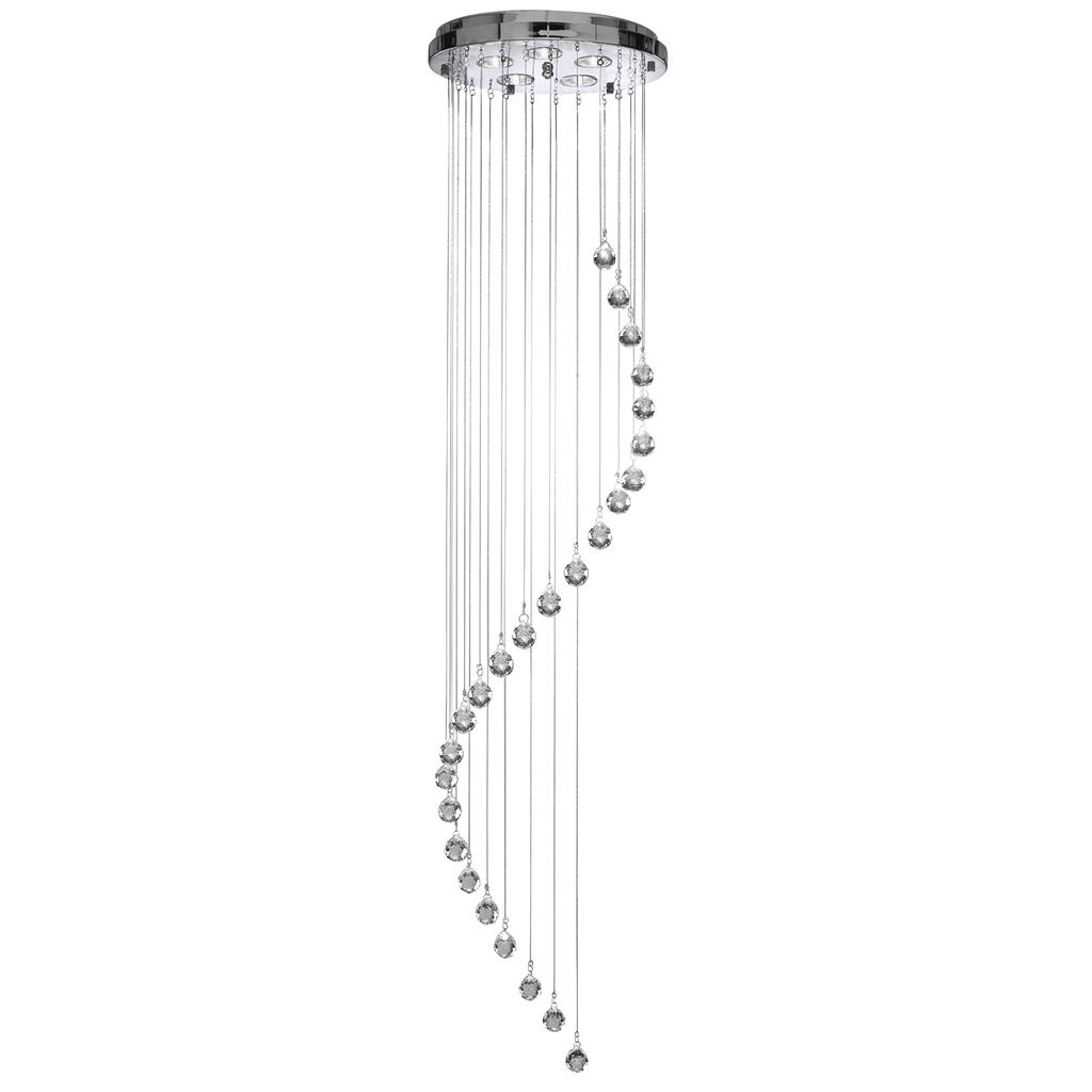 Hallway Ø30 Chrom hängelampe Von Searchlight - Die fünf Lichtquellen in der Deckenhalterung strahlen nach unten und lassen die Prismen das Licht wunderschön reflektieren, wodurch ein funkelndes und lebendiges Lichtspiel im Raum entsteht.