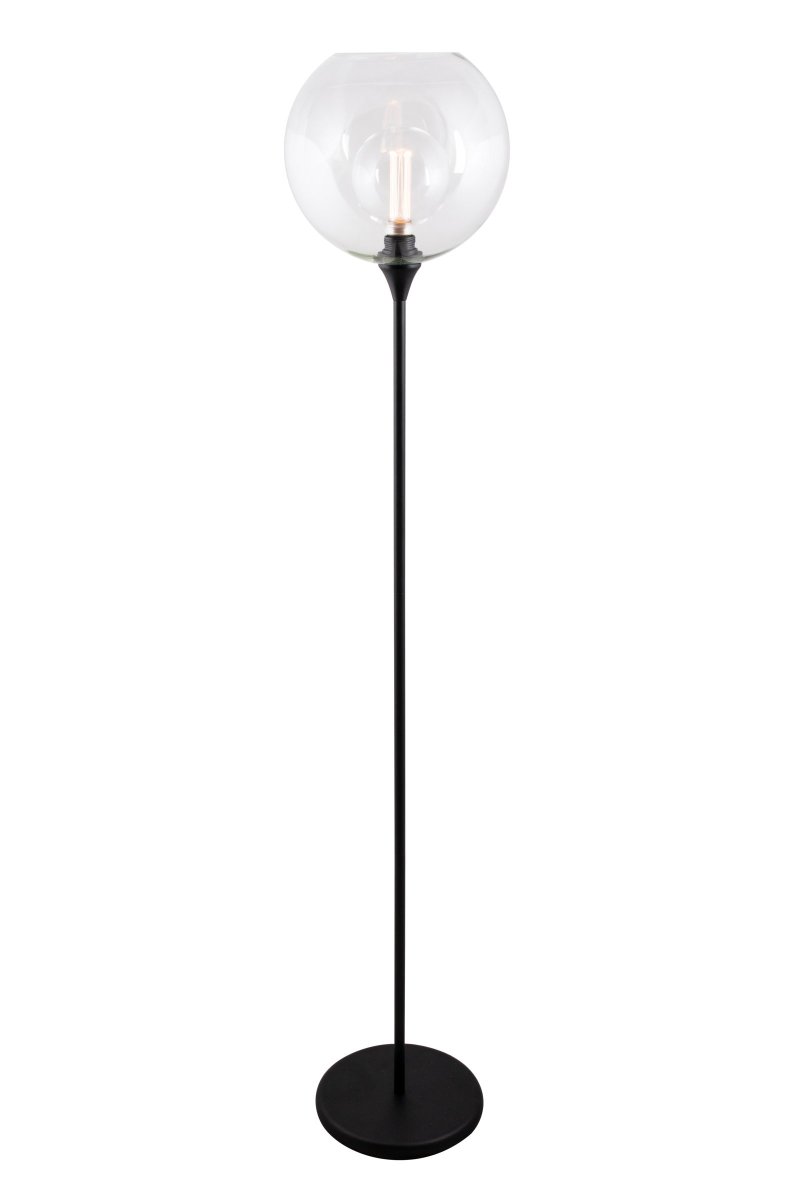 Bowl Klar stehlampe Von Globen Lighting - Der mattschwarze Metallrahmen harmoniert perfekt mit dem runden, transparenten Glasschirm und verleiht der Leuchte eine elegante und luftige Note.