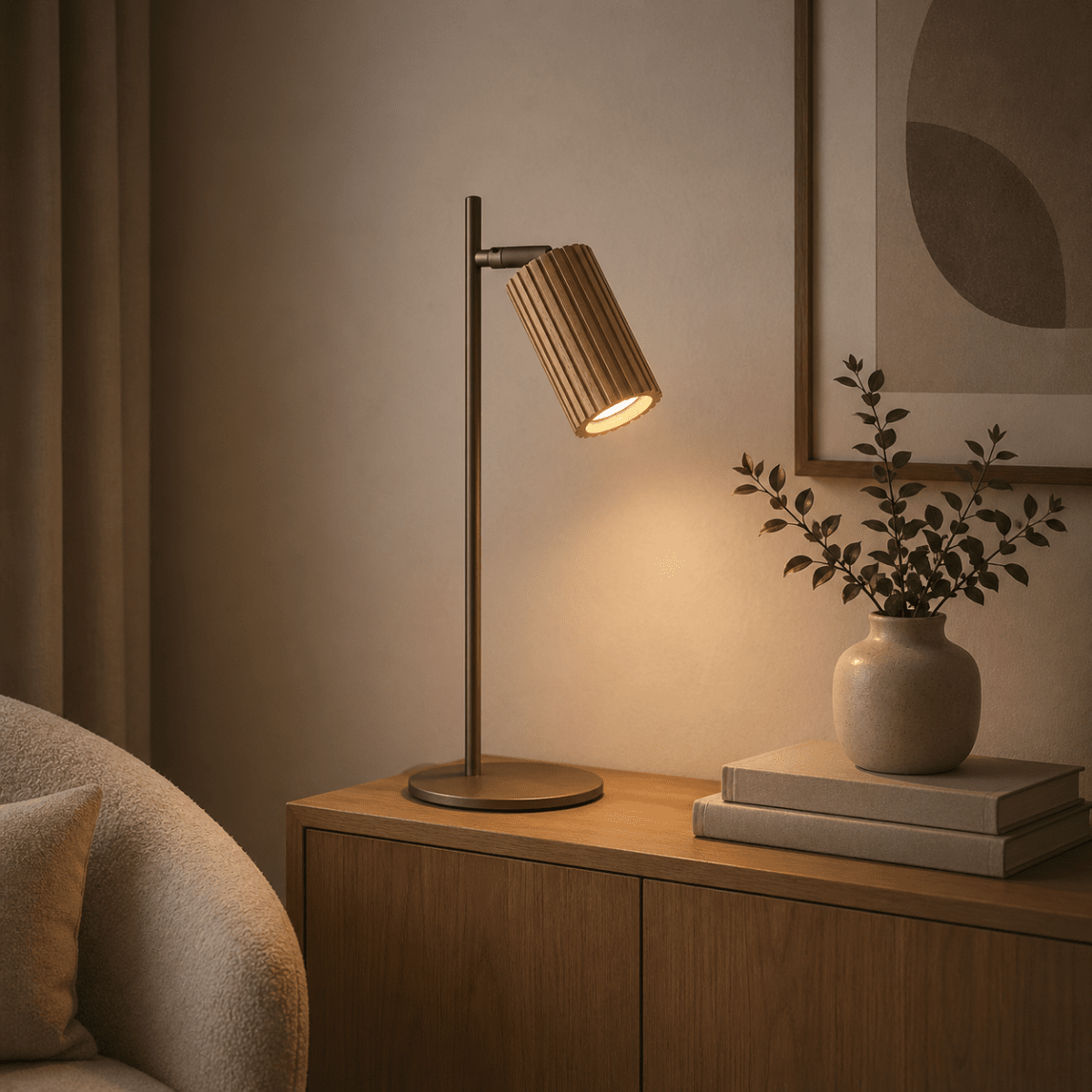 Lakewood 46cm Braun schreibtischlampe Von Brilliant - Die Tischleuchte Lakewood kombiniert braunes Metall mit hellem, geriffeltem Holz und schafft so eine warme und natürliche Atmosphäre.
