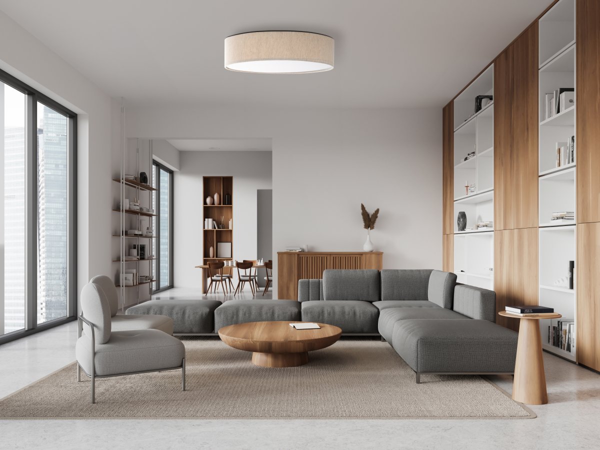 Conny Ø50 Beige deckenleuchte Von Globo Lighting - Sk&auml;rmen i beige och den vita bottenplattan skapar ett fint och bl&auml;ndfritt ljus i rummet.