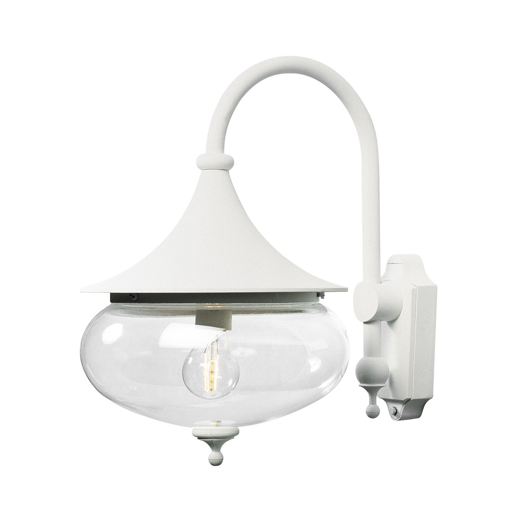 Libra Weiß außenlampe Von Konstsmide - Die weichen Formen und der große Schirm aus klarem Glas verbreiten ein warmes und angenehmes Licht und schaffen so eine einladende Atmosphäre in Eingängen oder auf Terrassen.