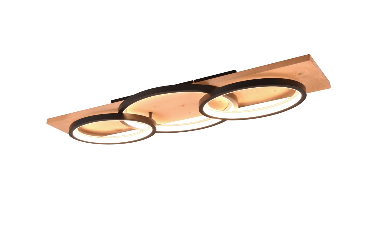 Barca 97cm Holz deckenleuchte Von Trio Lighting - Seine geometrischen Formen und die harmonische Kombination aus mattschwarzem Metall und Naturholz; sorgt f&uuml;r eine angenehme Atmosph&auml;re und mit dem integrierten SWITCH-Dimmer l&auml;sst sich die Helligkeit bequem in drei Stufen regeln.