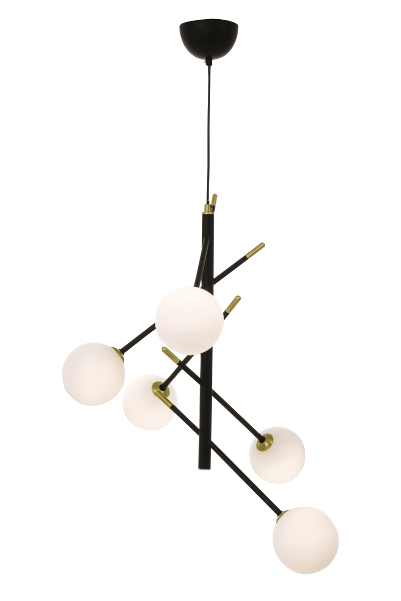 Akrobat 58cm Schwarz hängelampe Von Aneta Lighting - Acrobat-Deckenleuchte aus schwarz lackiertem Metall mit Details aus mattem Messing und 5 opalwei&szlig;en Glasschirmen.