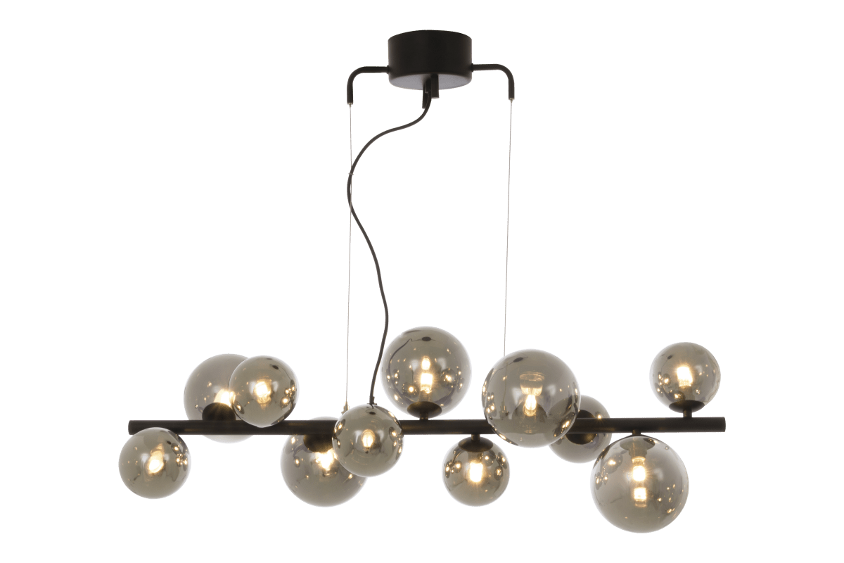 Molekyl 85cm Rauchgrau hängelampe Von Aneta Lighting - Molekyl trendige Deckenleuchte aus schwarzem Metall mit 11 Rauchglasschirmen in verschiedenen Größen, die auf&aring; eine 85 cm lange Stange.