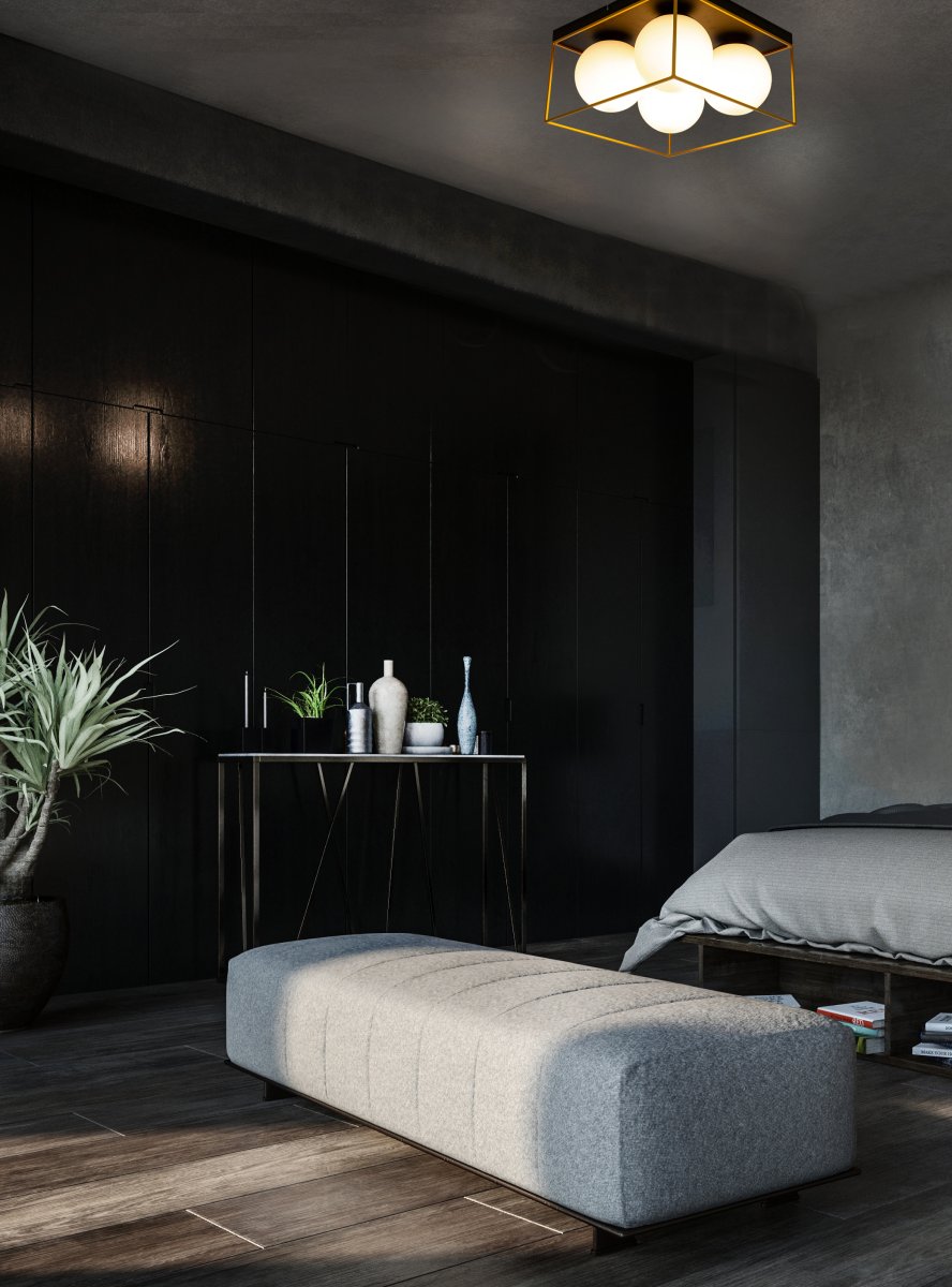 Astro 36cm Schwarz deckenleuchte Von Aneta Lighting - Astro-Deckenleuchte aus schwarz lackiertem Metall mit 4 opalwei&szlig;en Glasschirmen, die am Sockel mit goldenen Details eingerahmt sind.