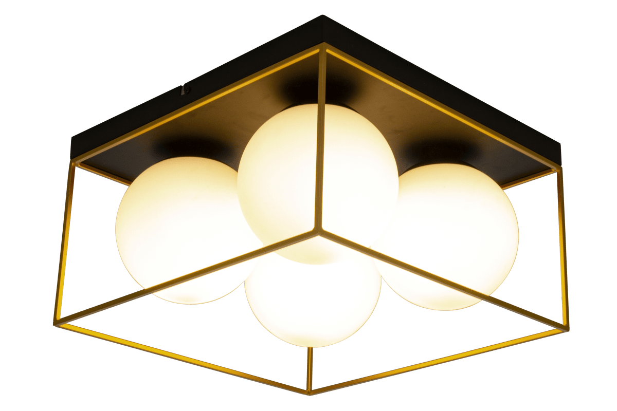 Astro 36cm Schwarz deckenleuchte Von Aneta Lighting - Astro-Deckenleuchte aus schwarz lackiertem Metall mit 4 opalwei&szlig;en Glasschirmen, die am Sockel mit goldenen Details eingerahmt sind.