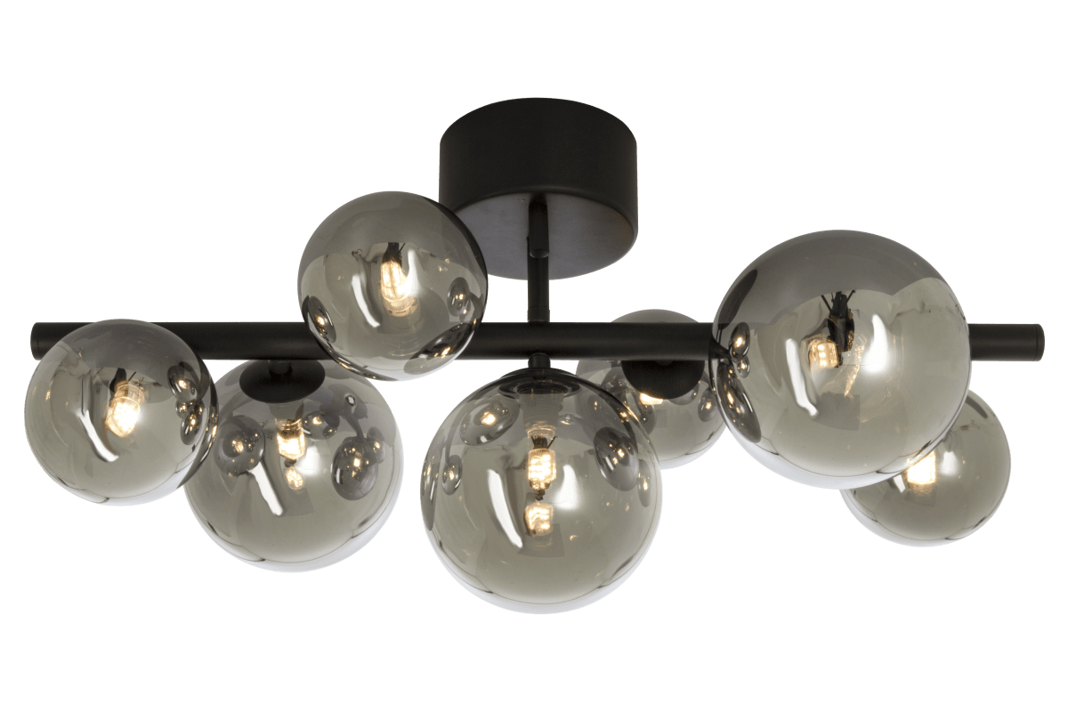 Molekyl 58cm Rauchgrau deckenleuchte Von Aneta Lighting - Molekyl trendige Deckenleuchte aus schwarzem Metall mit 7 Rauchglasschirmen in verschiedenen Größen, die auf&aring; eine 58 cm lange Stange.