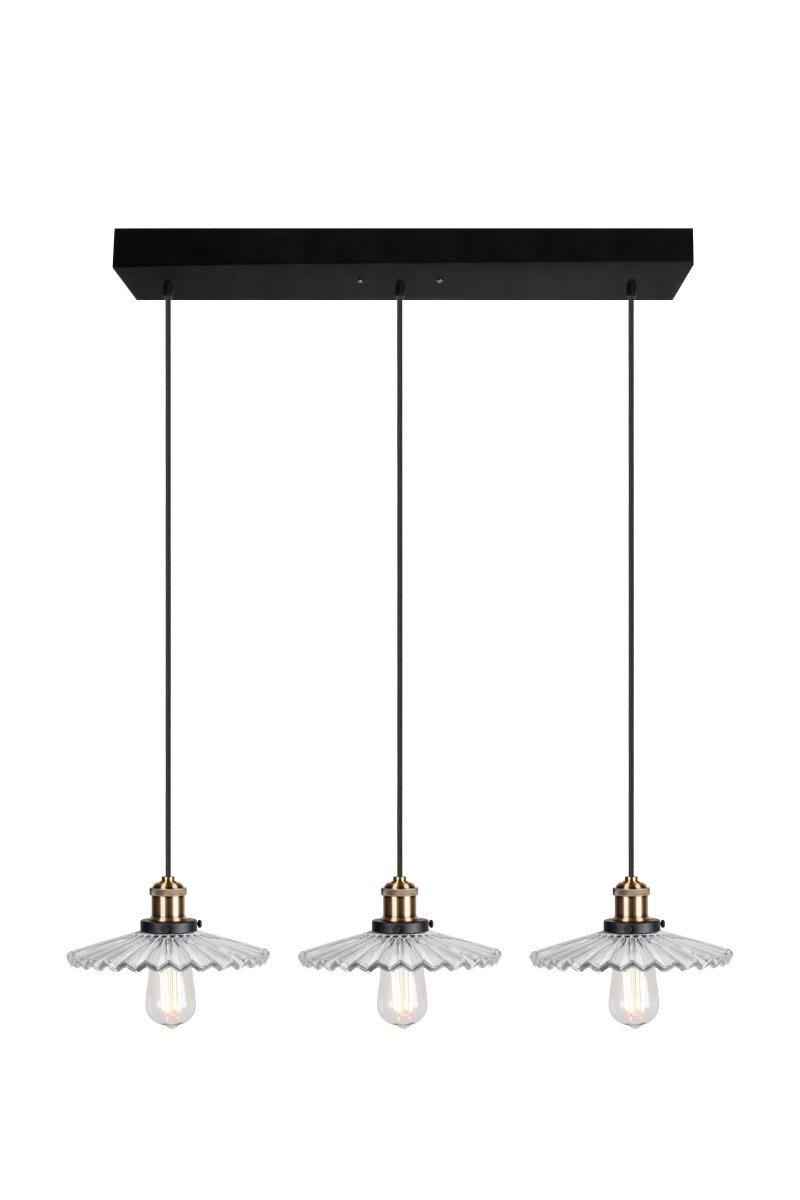 Cobbler 90cm Klar hängelampe Von Globen Lighting - Durch die längliche Deckenglocke mit den drei Glasschirmen passt die Lampe perfekt über einen länglichen Esstisch, eine Bar oder eine Küchentheke.
